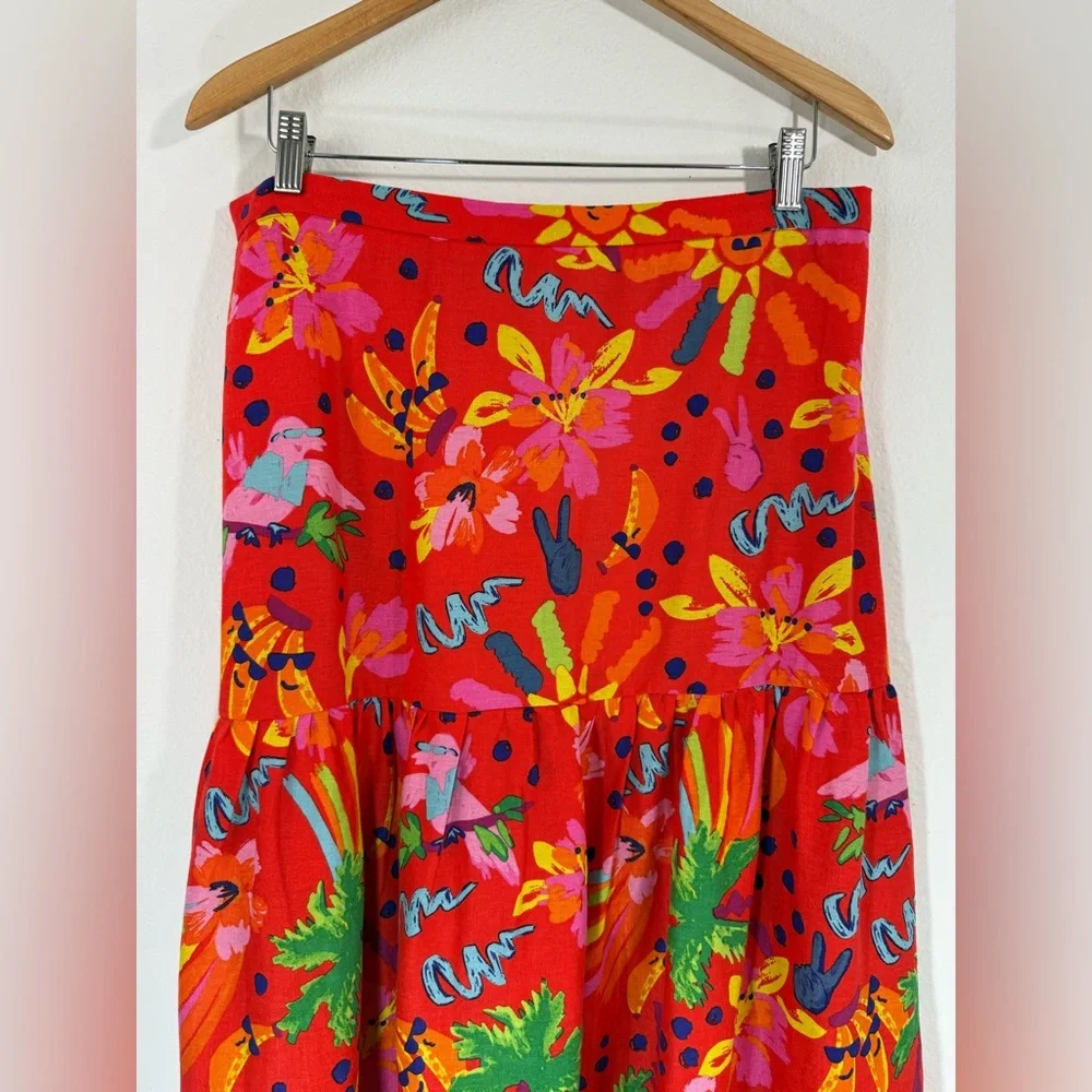 NWT Maison d’Amelie Hawaiian Multicolor Linen Boho Tiered Peasant Midi Skirt L